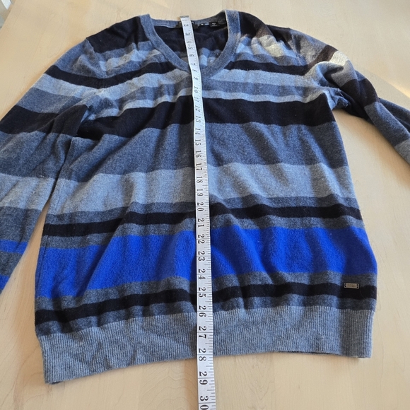 BOSS Lambswoool Striped V-Neck Sweater - Black, Gray, and Blue - Picture 12 of 15